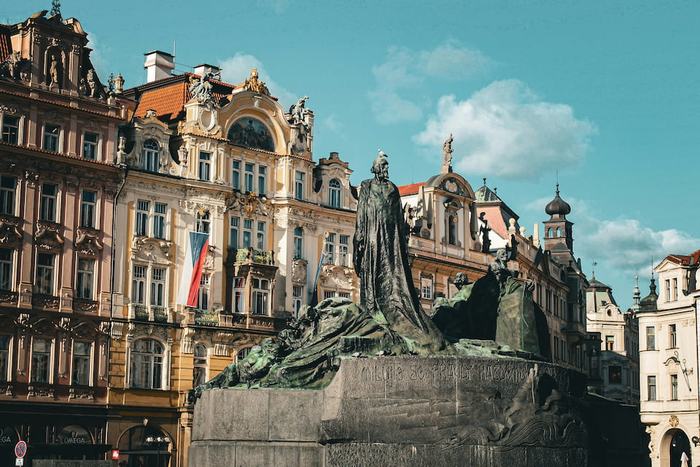 Old Town Square in Prague with the Jan Hus memorial